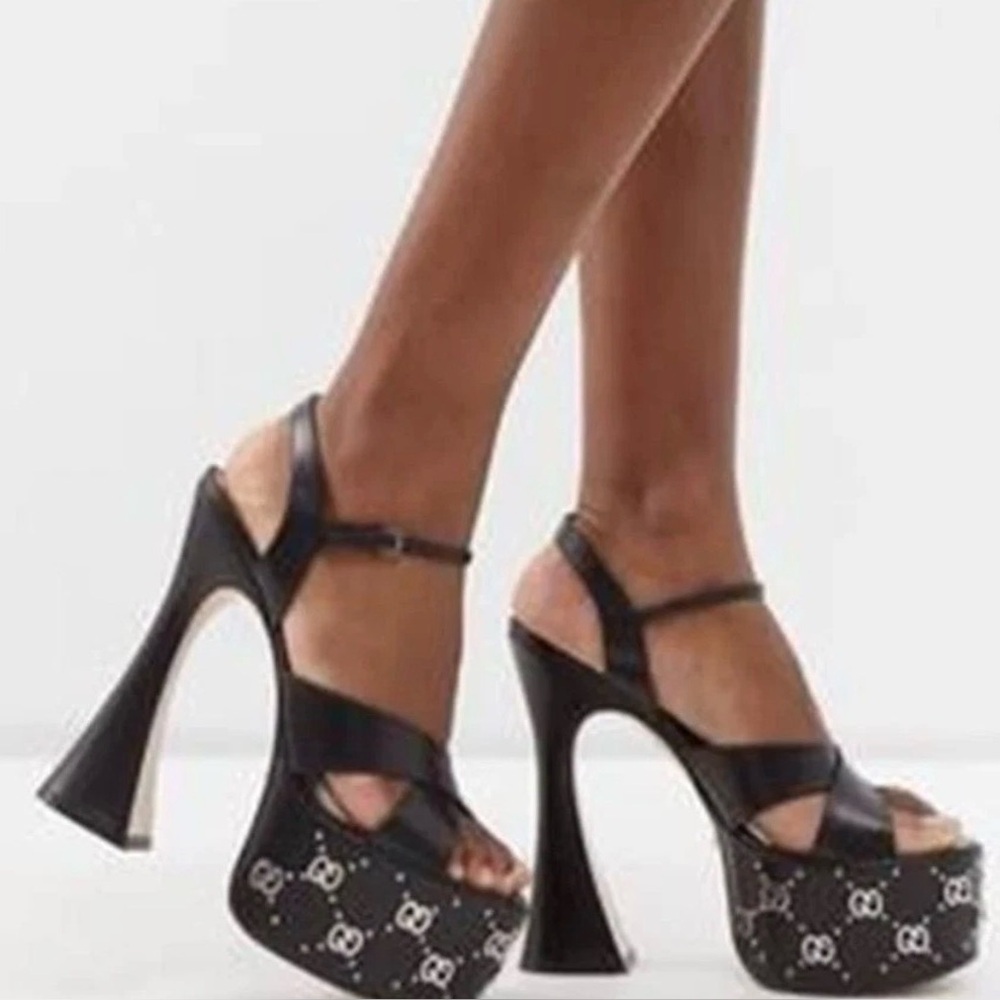 NEW GUCCI LUXURY BLACK LEATHER INTERLOCKING DOUBLE G STUDS SANDAL SHOES 39/US8.5